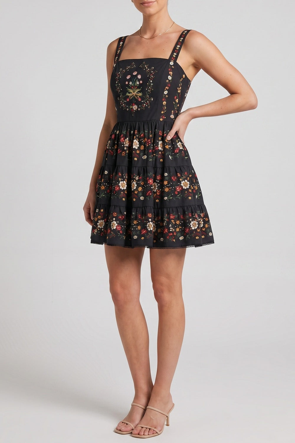 ba88f6366b34ad6f SQUARE NECK FLORAL TIERED SPAGHETTI STRAP MINI DRESS