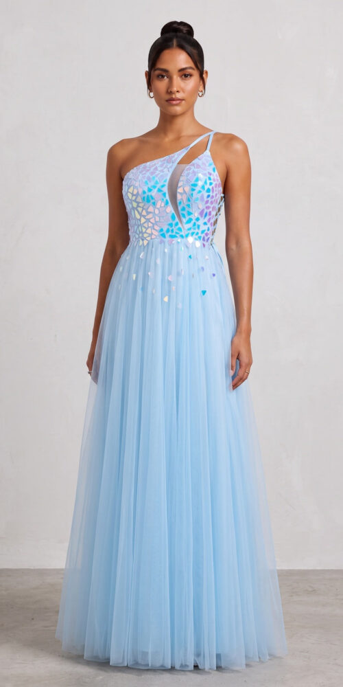 LIGHT BLUE IRIDESCENT TULLE LACE-UP BACK EVENING GOWN