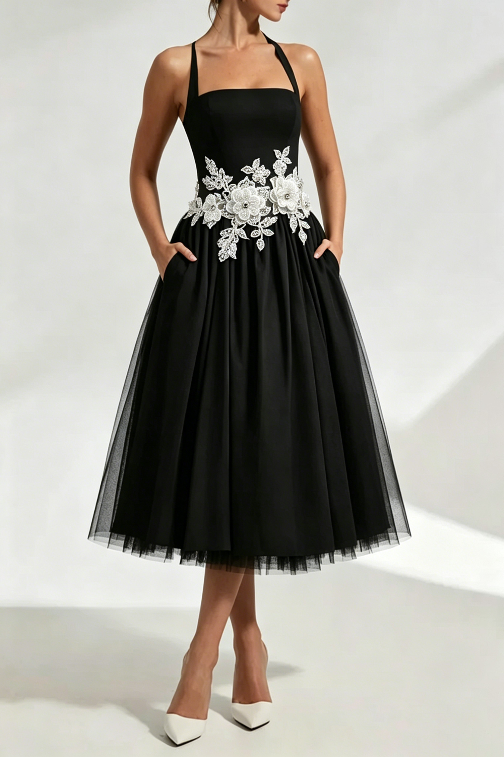 LACE EMBROIDERY CRESSIDA MIDI DRESS - BLACK