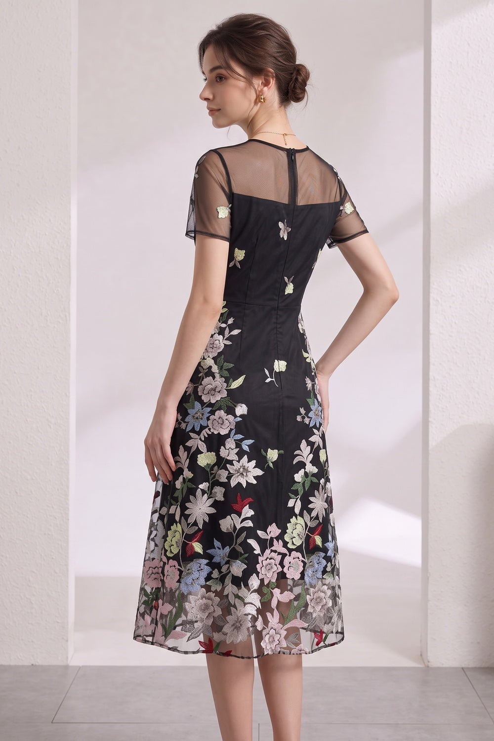 bad484090dfe7fad BLACK FLORAL EMBROIDERY A-LINE MIDI DRESS SHEER OVERLAY