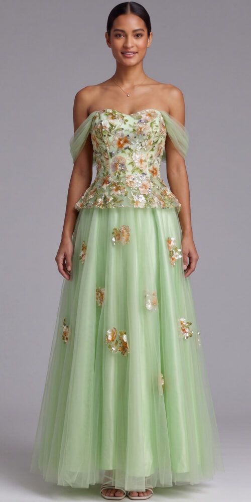 LIGHT GREEN OFF-SHOULDER FLOOR-LENGTH FLORAL GOWN