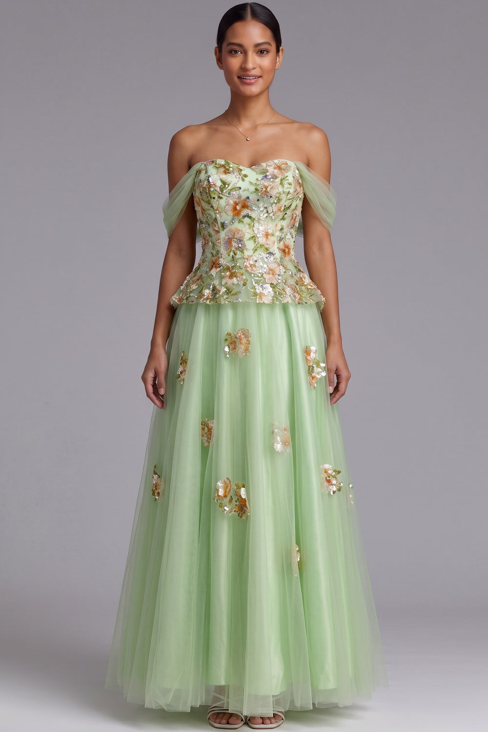 bb3246062b8b6d55 LIGHT GREEN OFF-SHOULDER FLOOR-LENGTH FLORAL GOWN