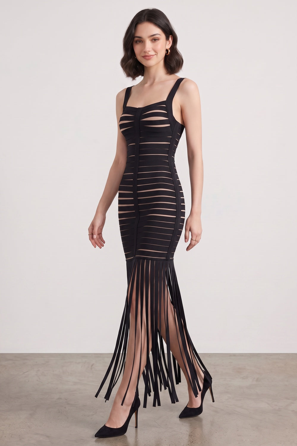 bb8f492fec267025 BLACK FRINGE BANDAGE KNIT MAXI DRESS FOR EVENING