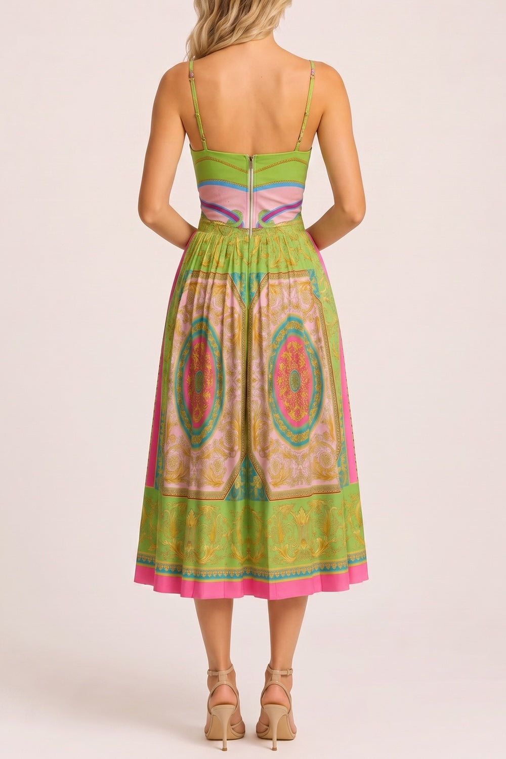 bb912a2b839e7fc1 BAROQUE PRINT CORSET MIDI DRESS WITH ADJUSTABLE STRAPS