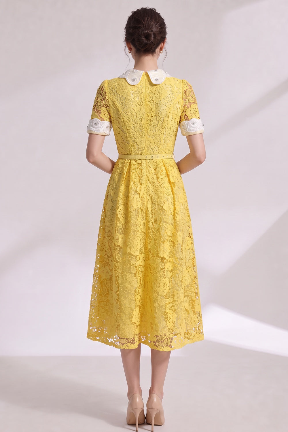 bbbe4534e0e225dc YELLOW LACE A-LINE MIDI DRESS FOR WEDDING GUEST