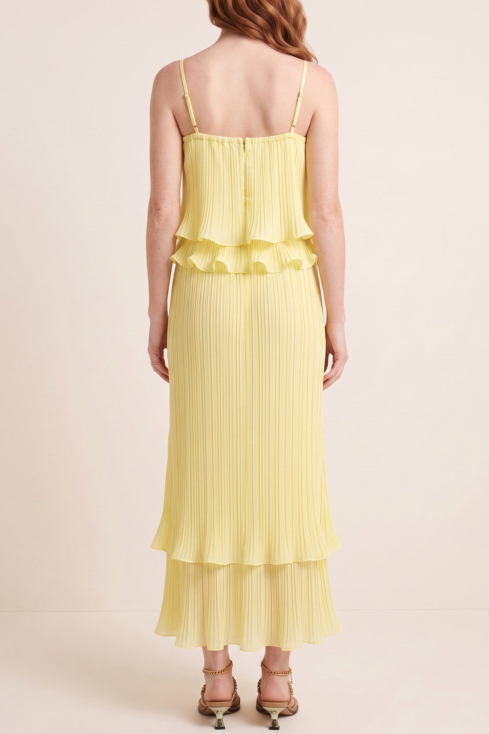 bbc9c7bb7a4819bc PLEATED RUFFLE CAMI TOP & TIERED MIDI SKIRT SET