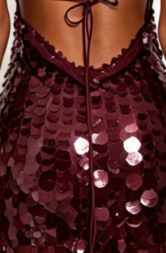 bc0faae90c86216b91dcb4f8f53ad0f9 BURGUNDY SEQUIN SHEATH DRESS WITH FLARED SHEER SKIRT