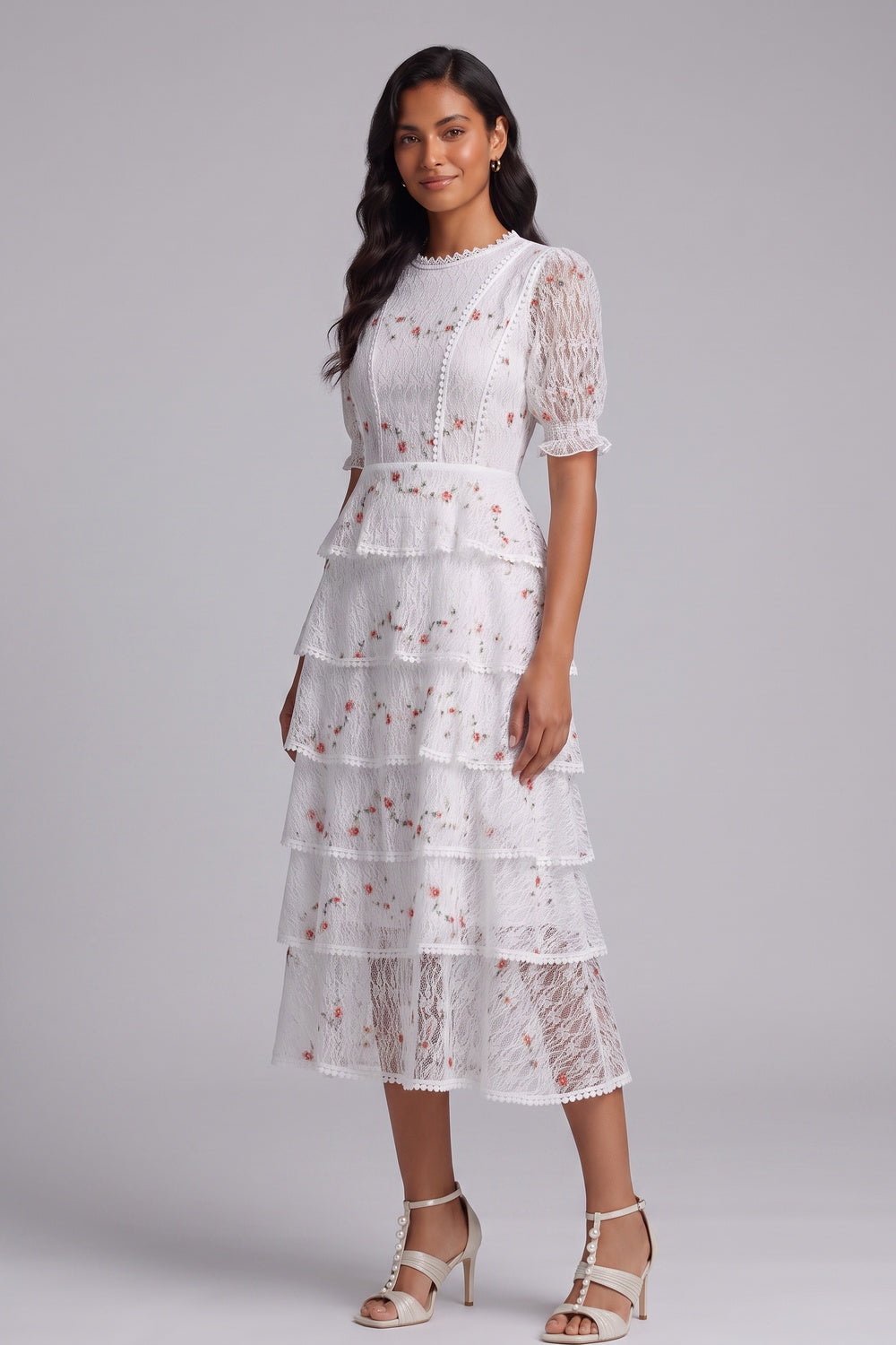 bc56c2f3b8eb9a23 WHITE TIERED FLORAL MIDI DRESS FOR WEDDING GUEST