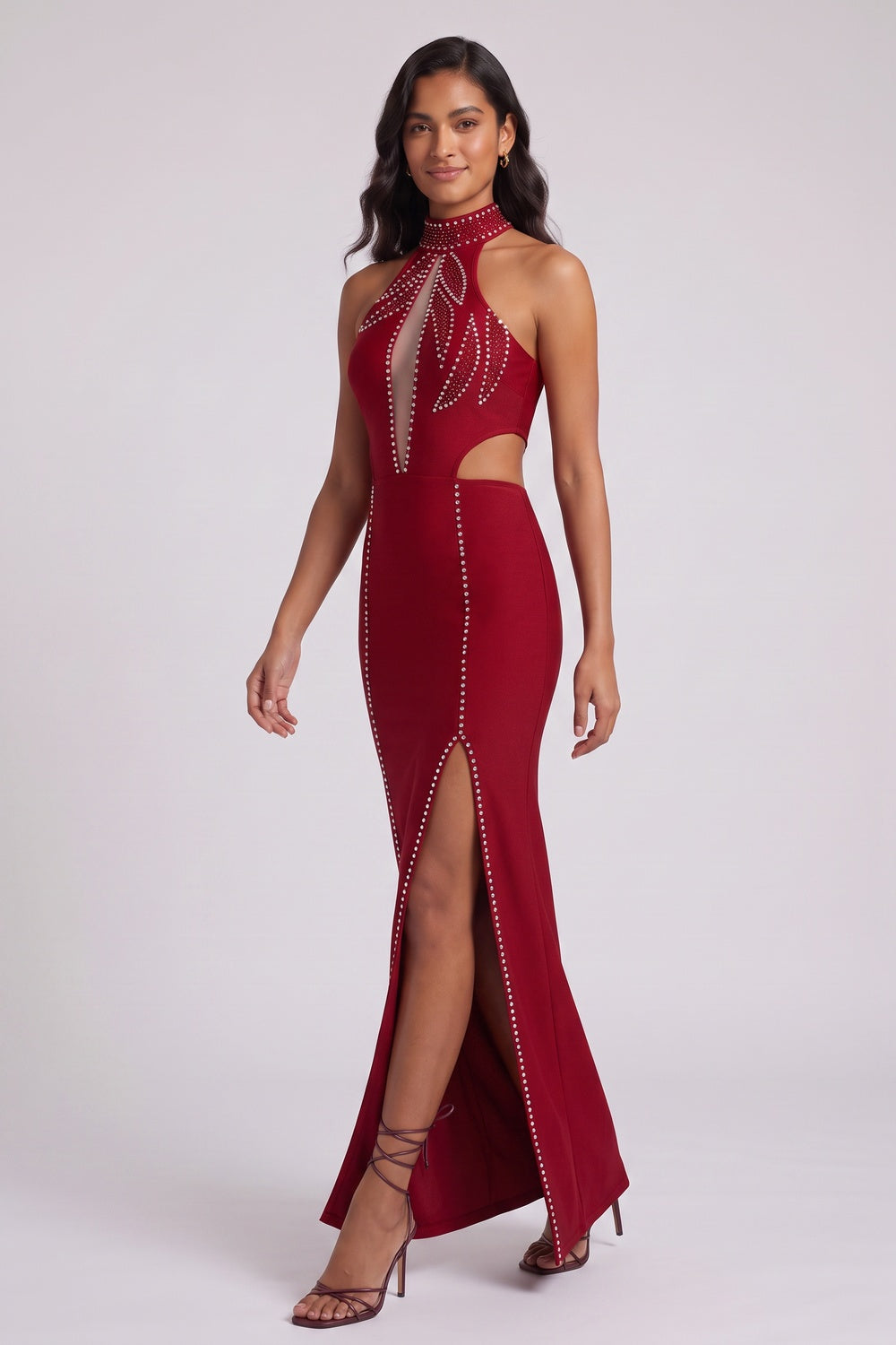 bc7315f8bdeb7469 DARK RED COLUMN GOWN, SIDE CUTOUTS, EVENING
