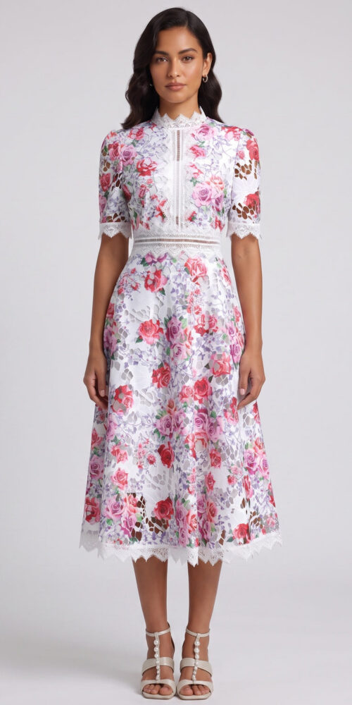 bd3425fb474413d1 WHITE GUIPURE LACE FLORAL MIDI DRESS FOR WEDDING