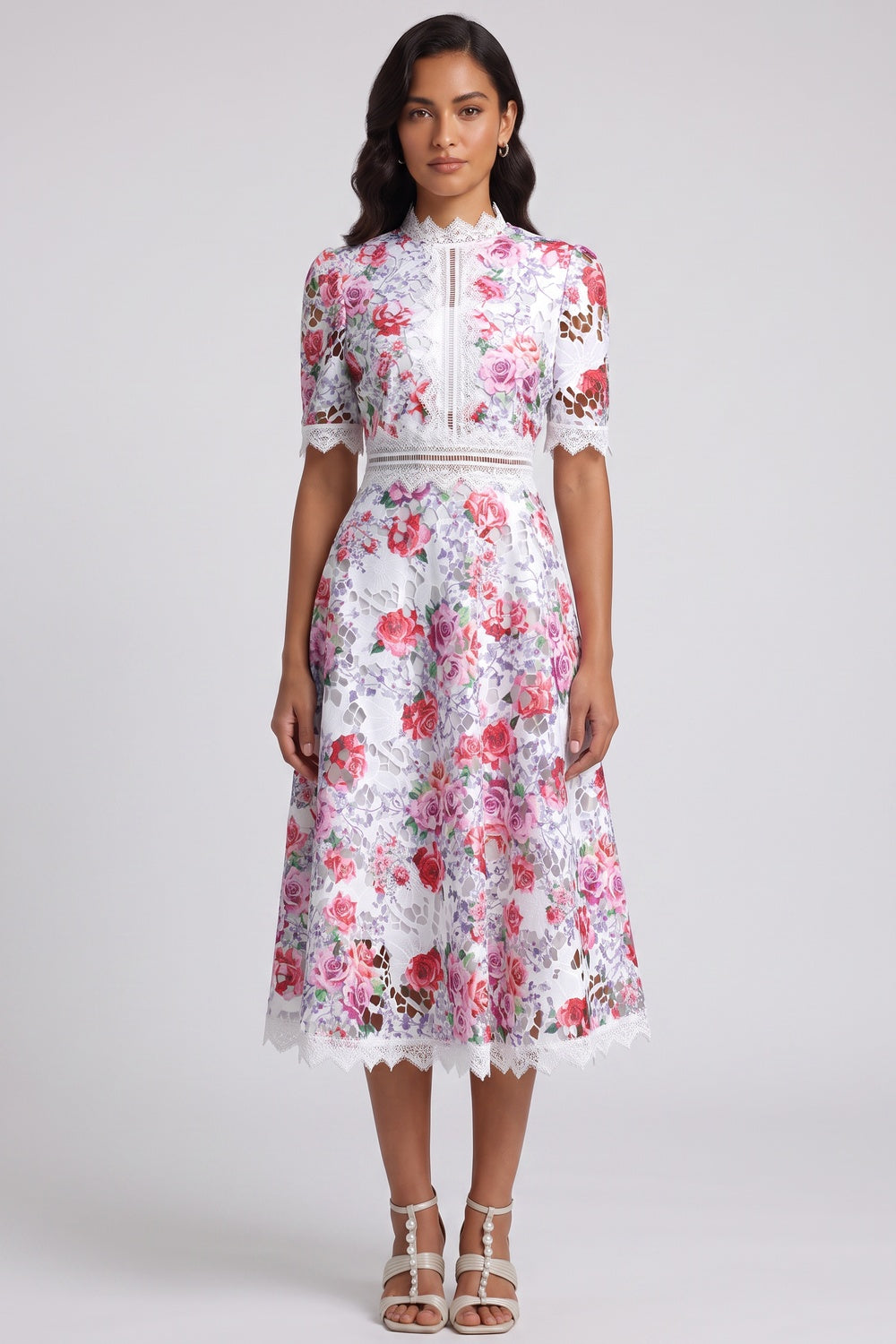 bd3425fb474413d1 WHITE GUIPURE LACE FLORAL MIDI DRESS FOR WEDDING