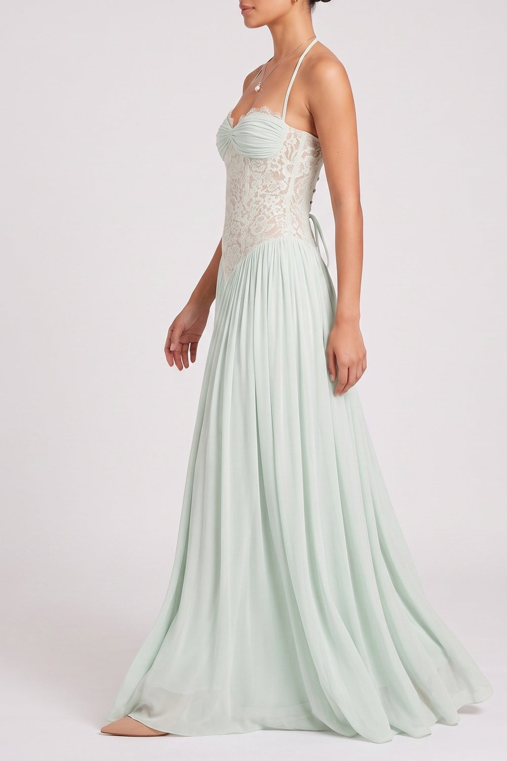 bd70e3437b7f1939 HALTER TWIST BUST LACE CORSET CHIFFON MAXI DRESS