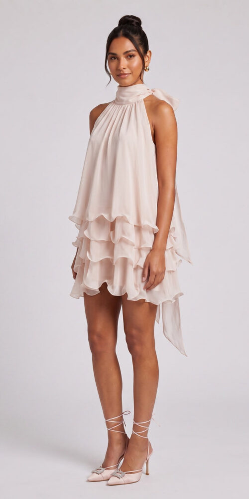bdccdc5476f40ec9 PALE PINK HALTER TIERED CHIFFON MINI DRESS