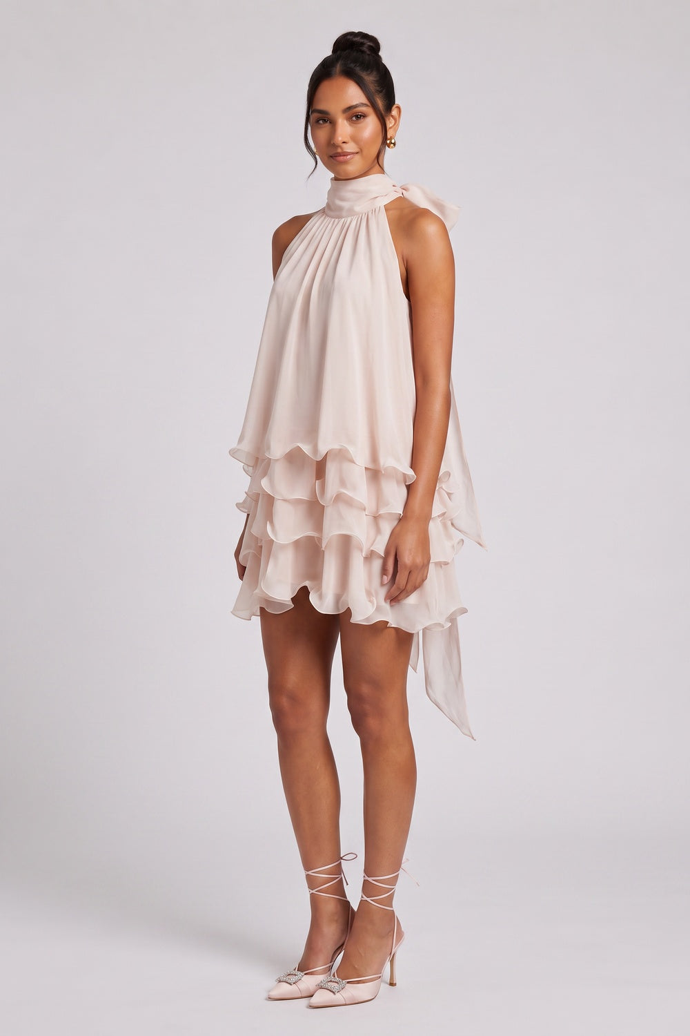 bdccdc5476f40ec9 PALE PINK HALTER TIERED CHIFFON MINI DRESS