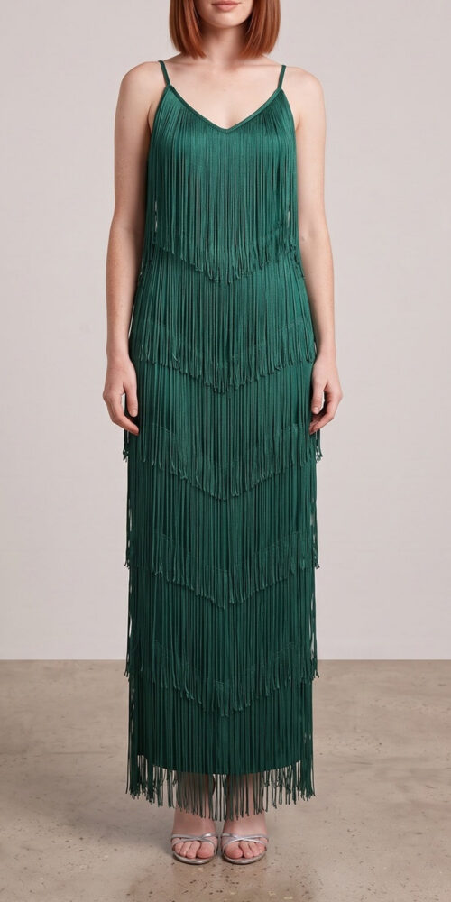 be78d79b191282bf SPAGHETTI STRAP V-NECK FRINGE MAXI DRESS, BOHO PARTY