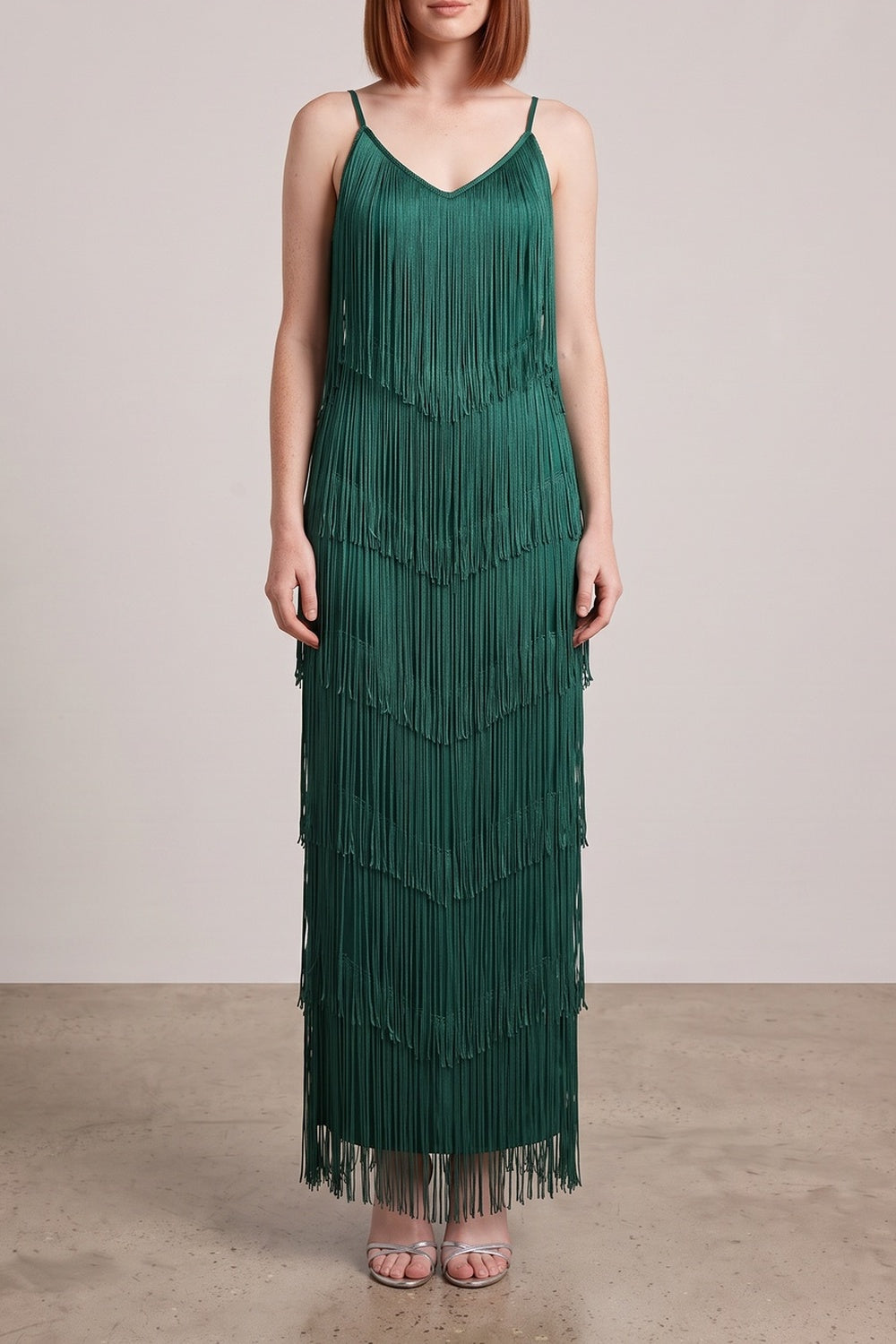 be78d79b191282bf SPAGHETTI STRAP V-NECK FRINGE MAXI DRESS, BOHO PARTY