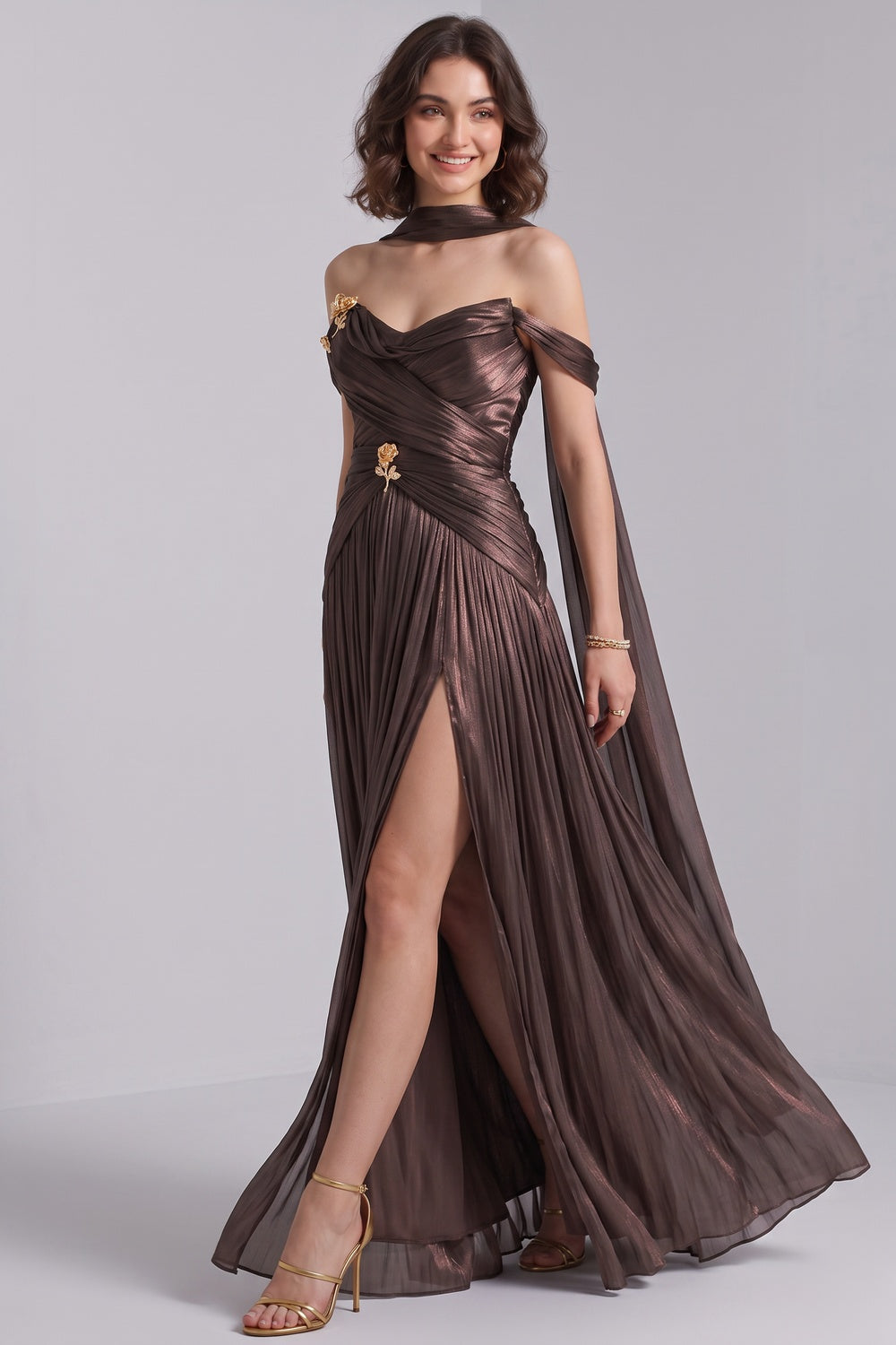 be805ecbecbf3cce BRONZE METALLIC DRAPED A-LINE GOWN HIGH SLIT EVENING