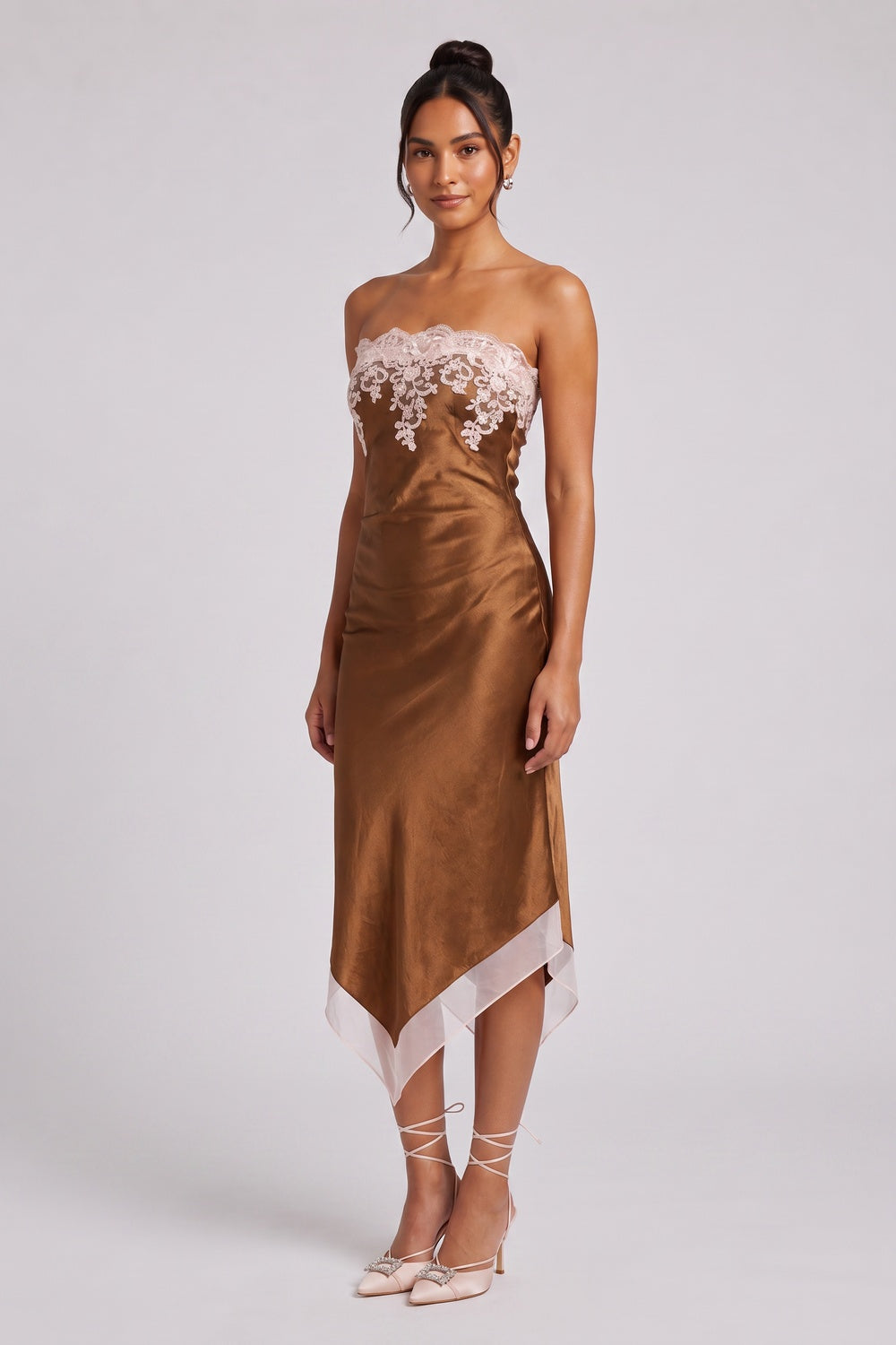 be87a01864be142b BRONZE SATIN SHEATH DRESS LACE APPLIQUE COCKTAIL