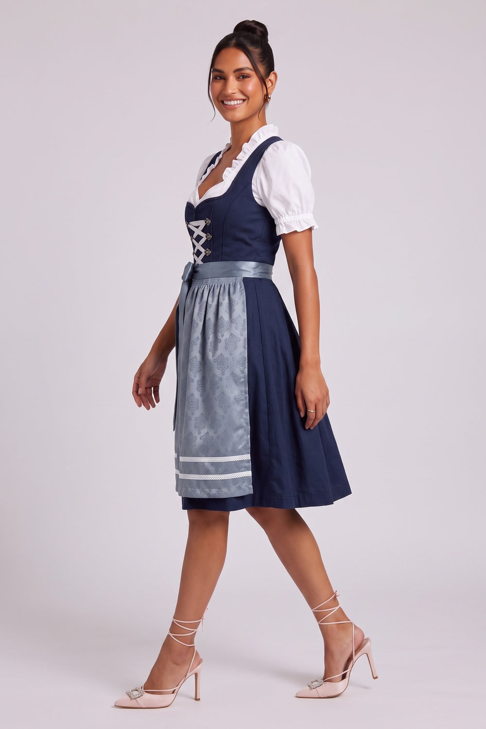 beac4ac49e7c5871 NAVY BLUE FIT-AND-FLARE DIRNDL SET, MATTE COTTON BLEND