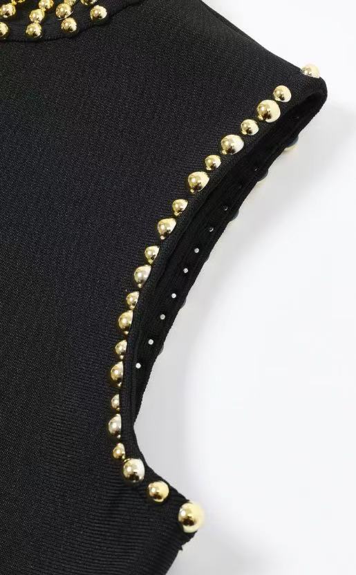 bec974f5fcaa53be0b9660cc9c721732 BLACK FRINGE HEM BANDAGE KNIT MAXI DRESS GOLD PARTY