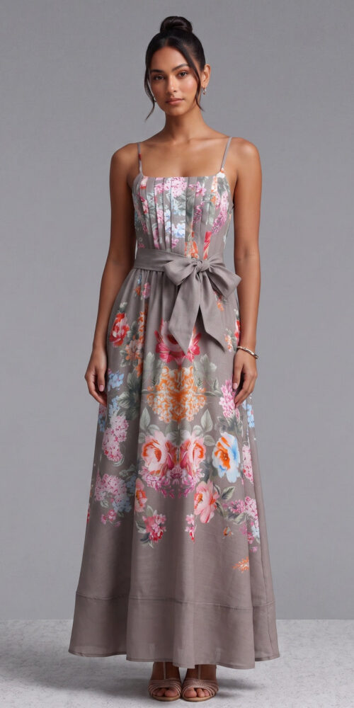 bee2f6e9b700fc07 TAUPE LINEN A-LINE FLORAL MAXI DRESS