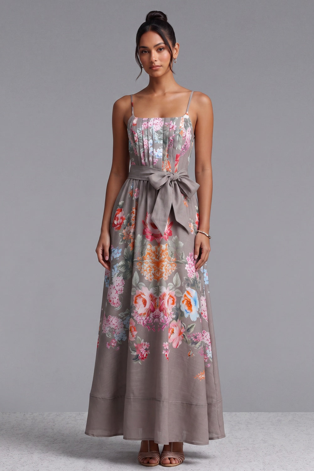 bee2f6e9b700fc07 TAUPE LINEN A-LINE FLORAL MAXI DRESS