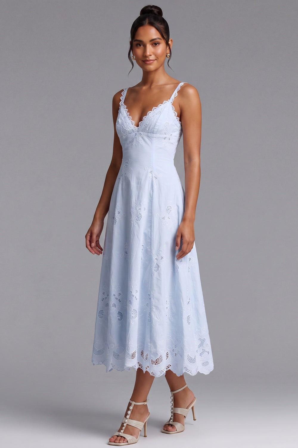 befe7754b2cef690 LIGHT BLUE EYELET A-LINE MIDI DRESS FOR SUMMER