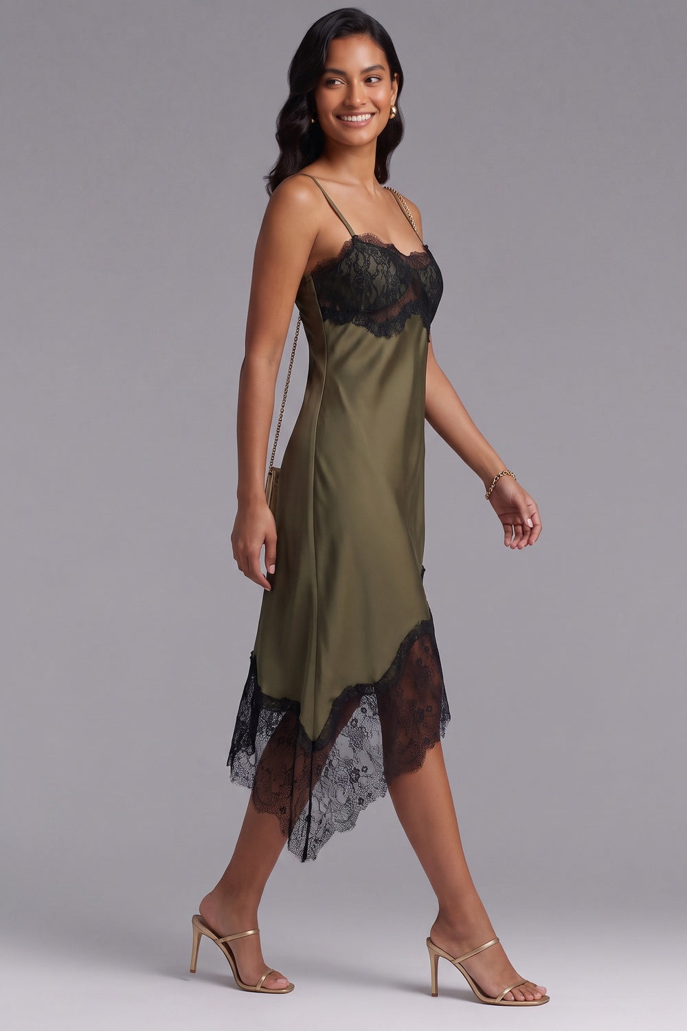 bf2bb95e2d717f6b OLIVE SATIN ASYM LACE SLIP DRESS, EVENING