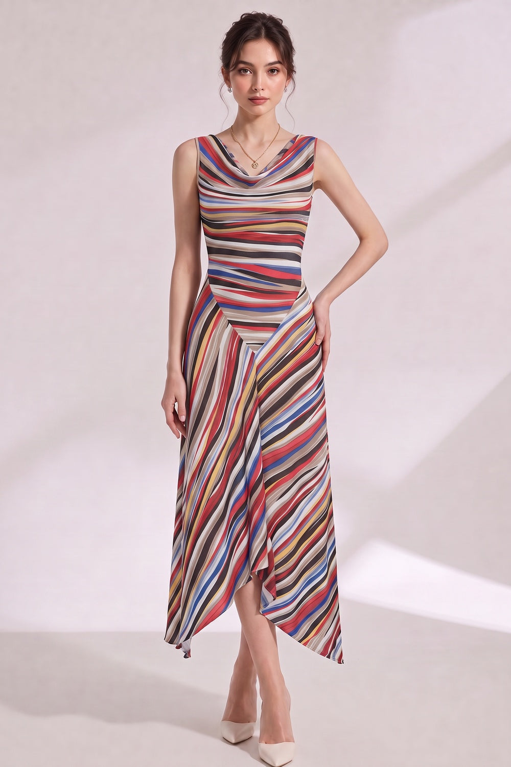 bf4495792a803bca MULTICOLOR STRIPED COWL NECK KNIT DRESS