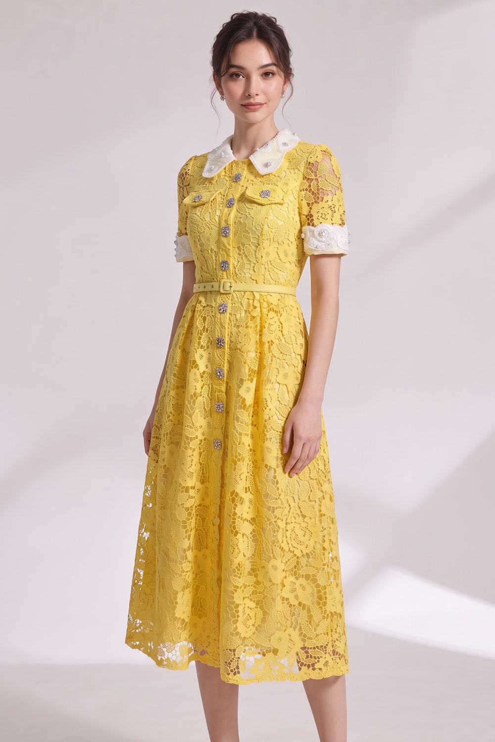 bfb6af3520b78ef0 YELLOW LACE A-LINE MIDI DRESS FOR WEDDING GUEST