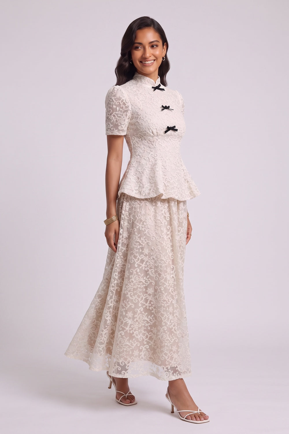 bfbc4baf95ca4efc IVORY LACE PEPLUM TOP & A-LINE MAXI SKIRT SET