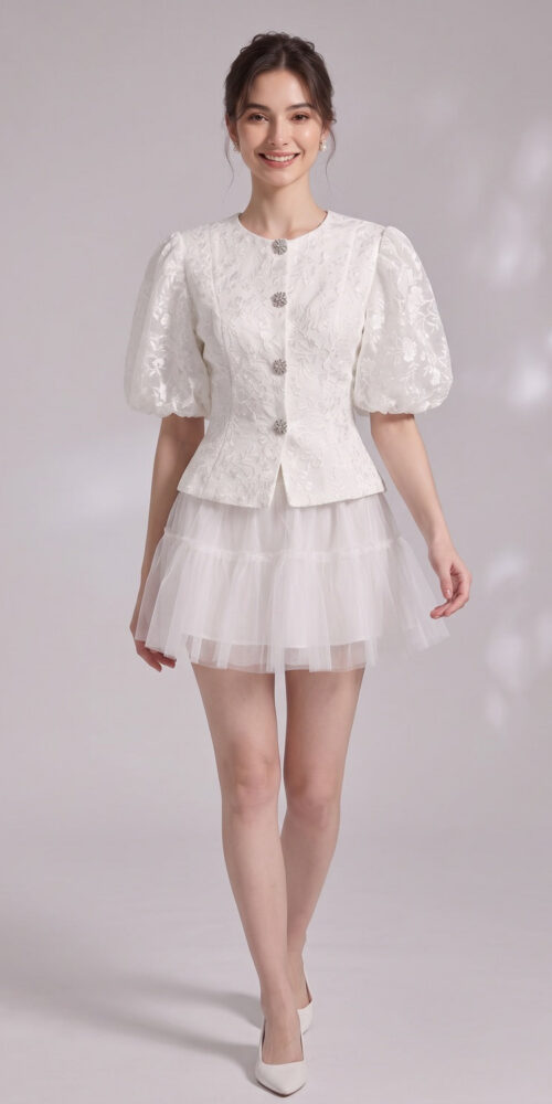 bfbf681cb5da5f7f LACE PUFF SLEEVE CROP JACKET & TIERED TULLE MINI SKIRT SET