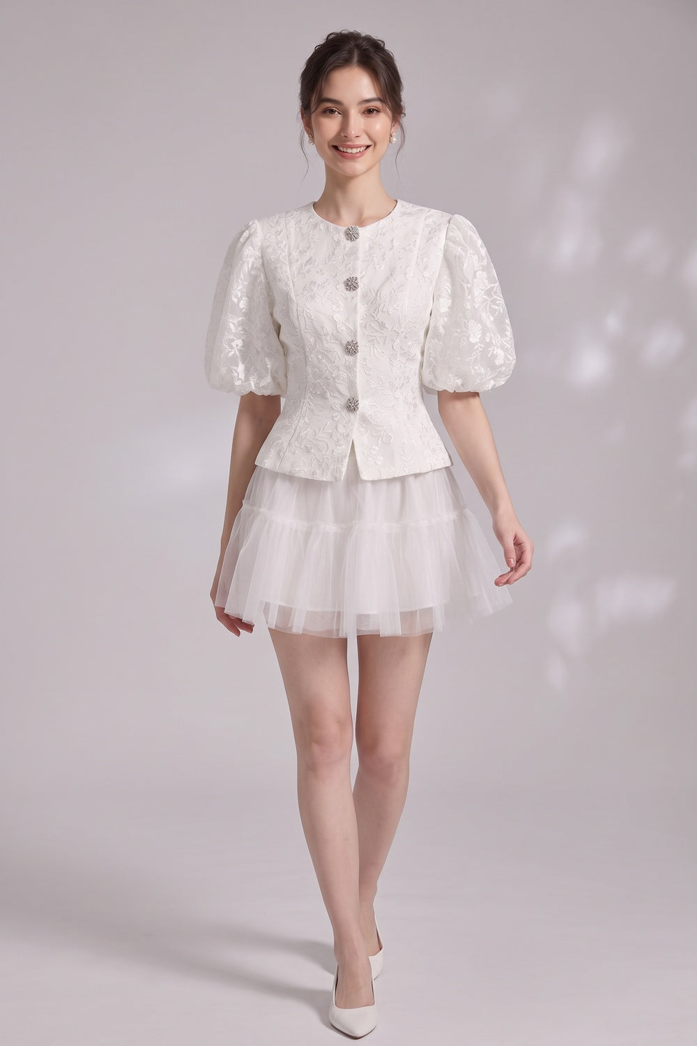 bfbf681cb5da5f7f LACE PUFF SLEEVE CROP JACKET & TIERED TULLE MINI SKIRT SET