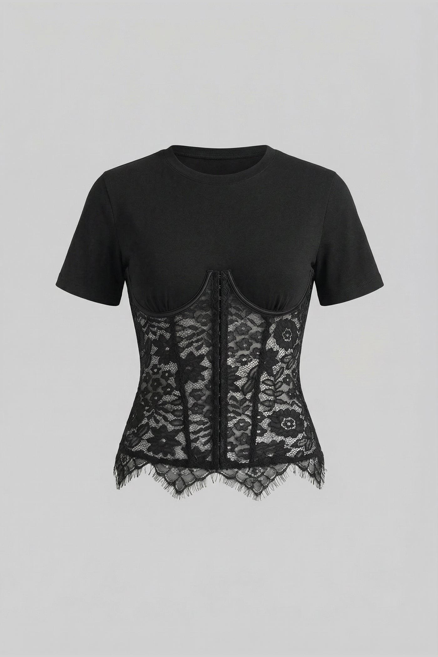 bkk BLACK SPLICED FLORAL LACE CORSET SHORT SLEEVE T-SHIRT