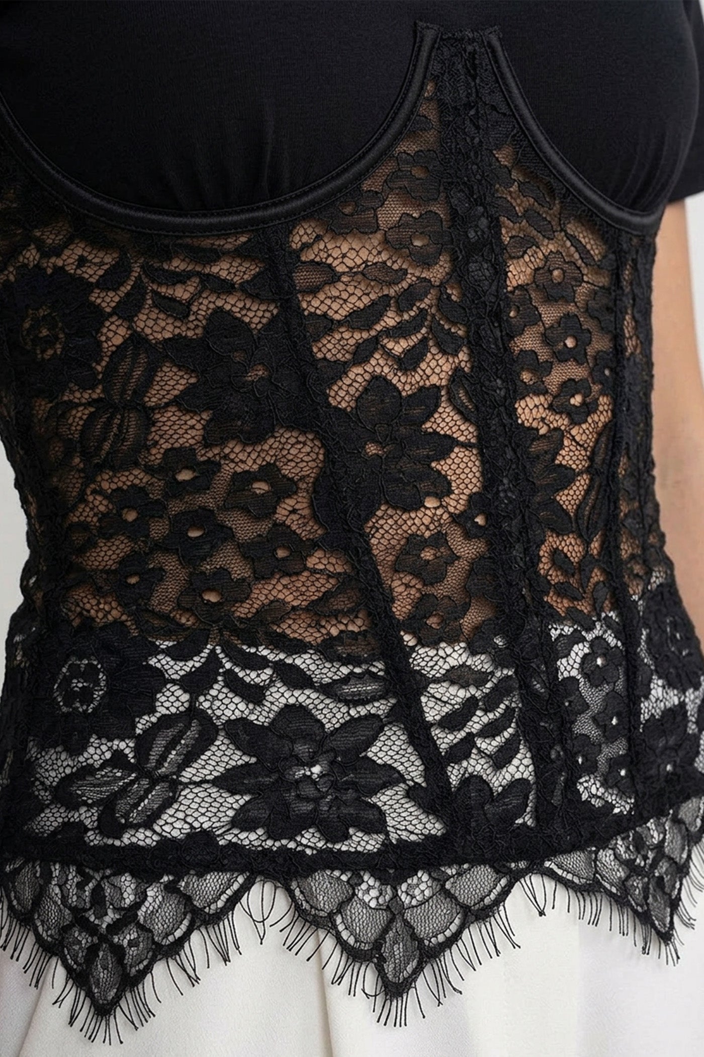 bkn BLACK SPLICED FLORAL LACE CORSET SHORT SLEEVE T-SHIRT