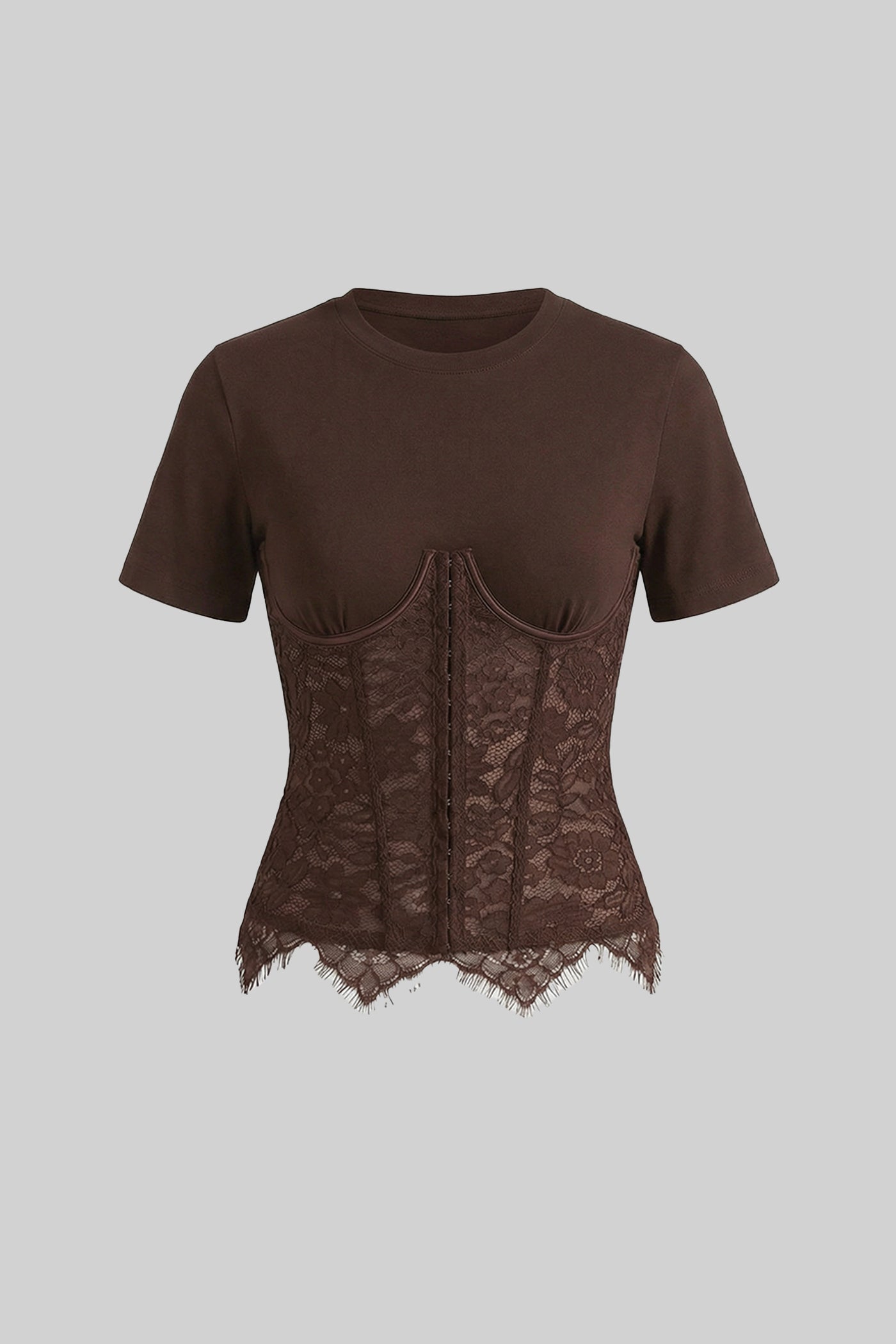 brr BROWN SPLICED LACE CORSET TOP FOR DATE NIGHT