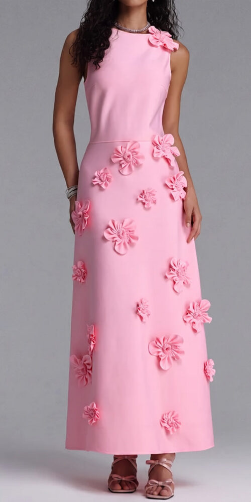 c0309dee4865d288 SLEEVELESS ROUND NECK 3D FLORAL MIDI DRESS
