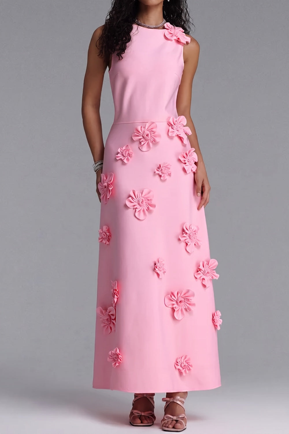 c0309dee4865d288 SLEEVELESS ROUND NECK 3D FLORAL MIDI DRESS