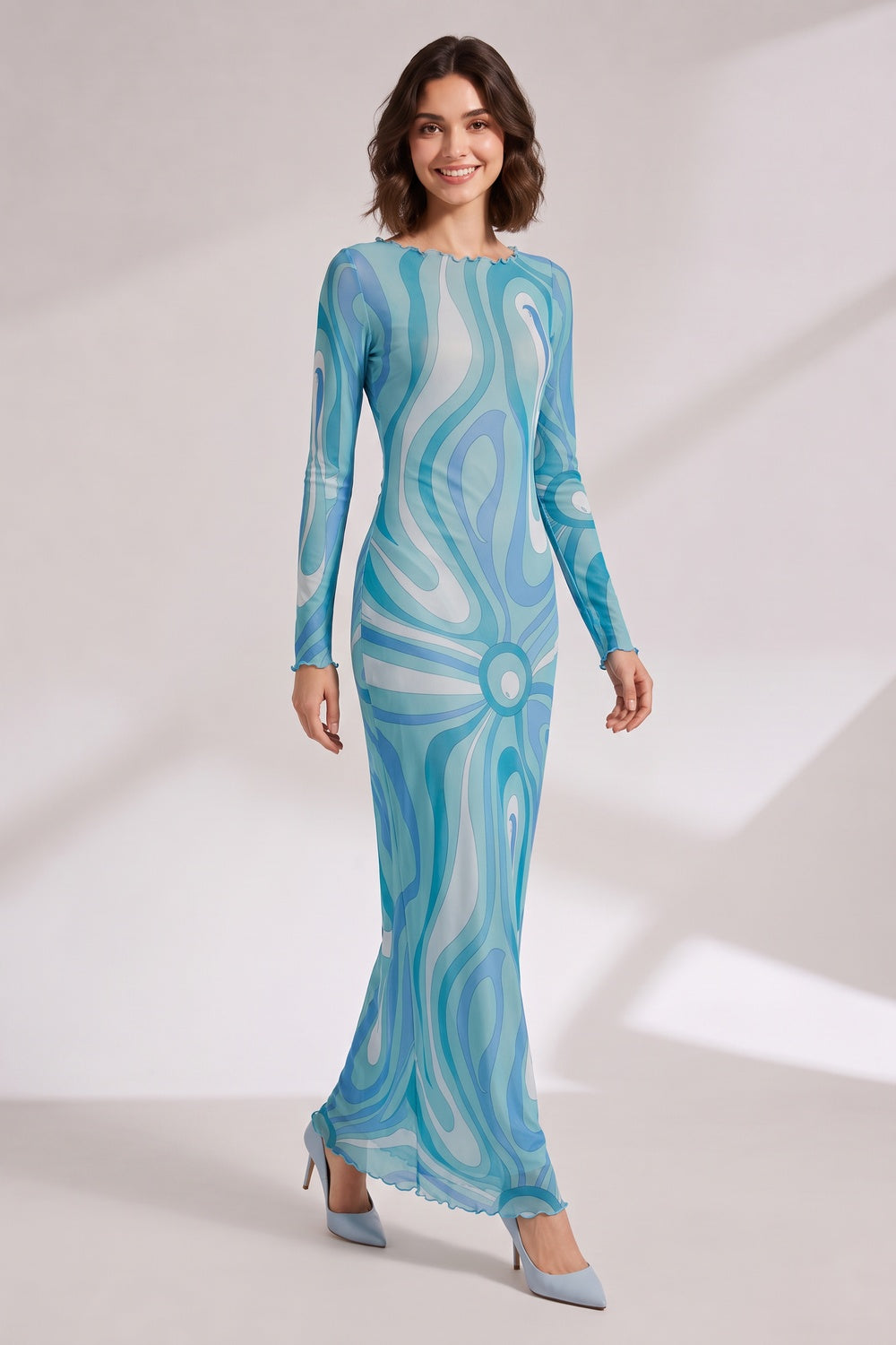 c034cfcca1399339 BLUE SCALLOPED WAVE MAXI DRESS, BOHO BEACH PARTY