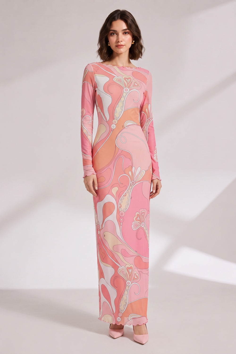 c041cf43d443f239 RETRO ABSTRACT MESH MAXI DRESS, LONG-SLEEVE, EVENING