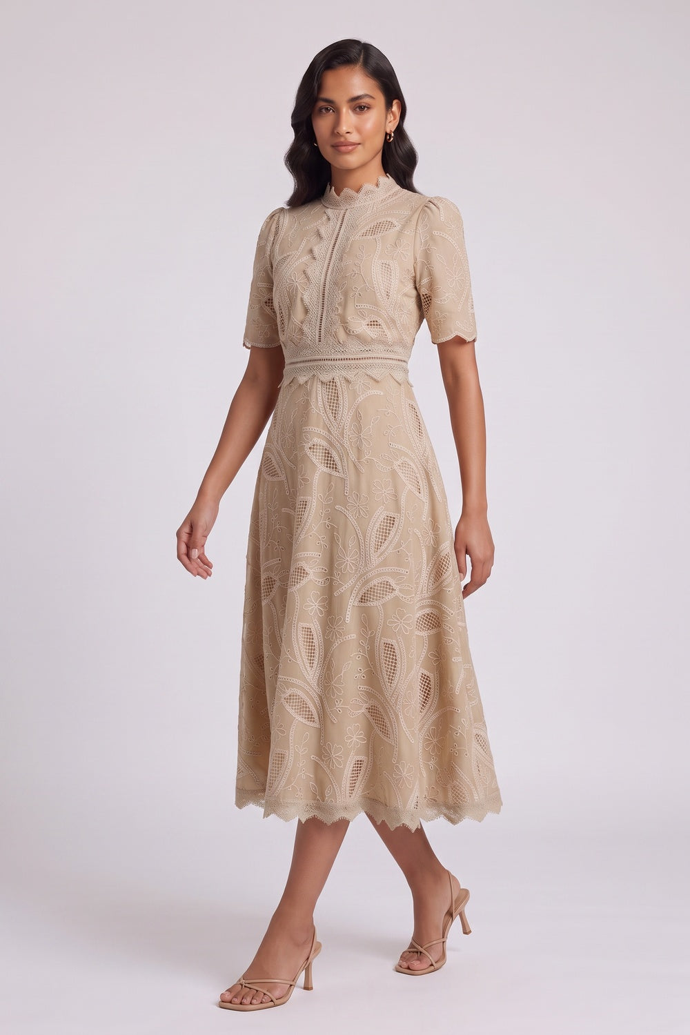 c13442b821ba955b BEIGE EMBROIDERED ORGANZA A-LINE MIDI DRESS