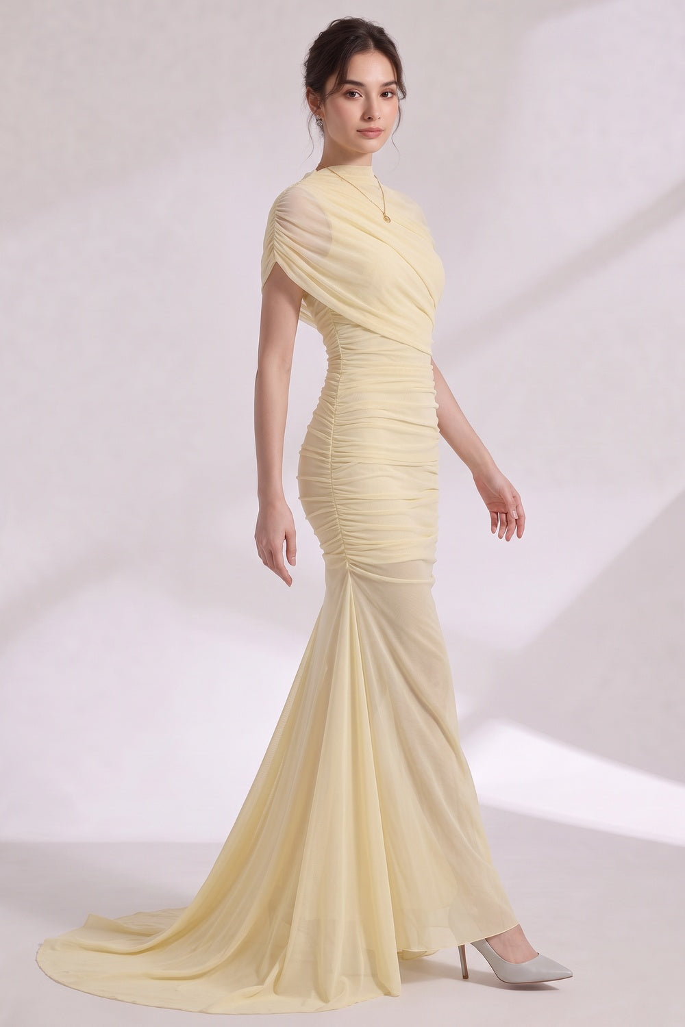 c134d4dce0bc0c0f PALE YELLOW SHEER MERMAID EVENING GOWN WITH TRAIN