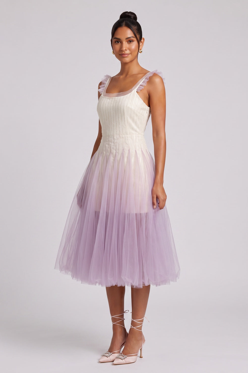 GRADIENT TULLE MIDI DRESS RUFFLE STRAPS WEDDING GUEST