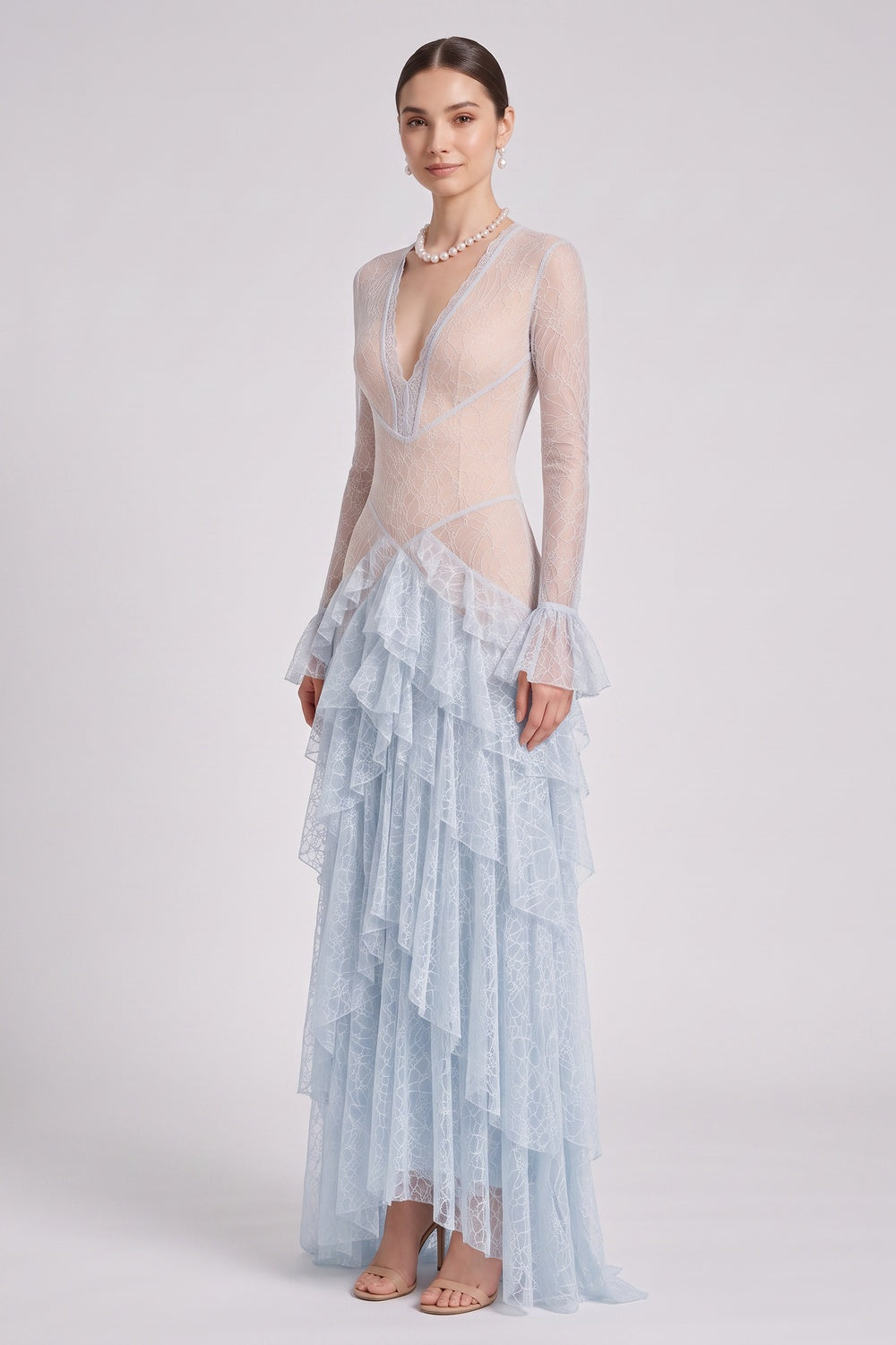 c25392a3c7a7e093 LIGHT BLUE LACE TIERED A-LINE GOWN FOR WEDDING GUEST