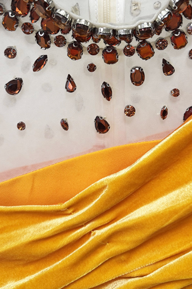 YELLOW VELVET OFF-SHOULDER BEADED GOWN
