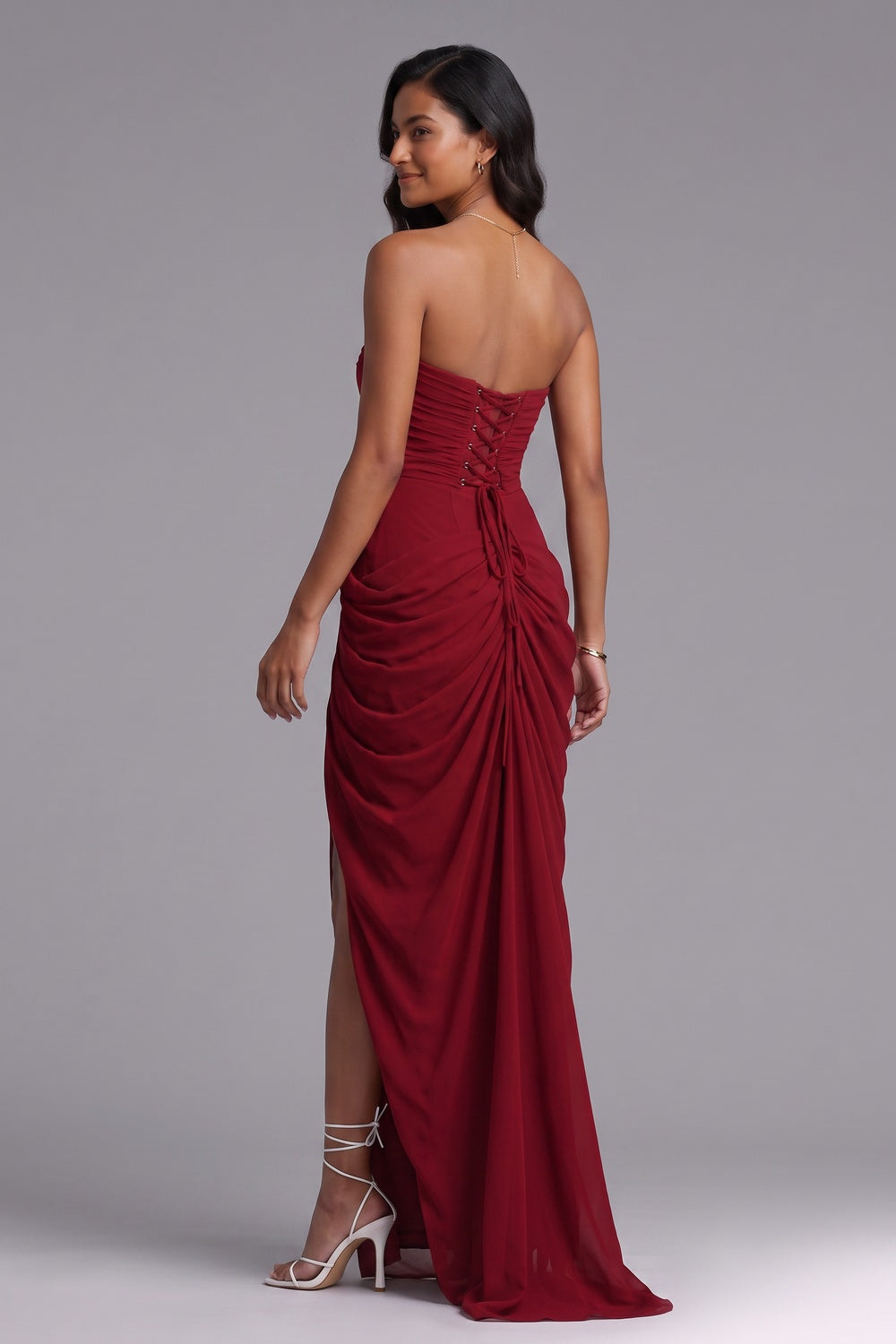 c30e7a499c4f8322 DEEP RED DRAPED COLUMN GOWN HIGH SLIT EVENING