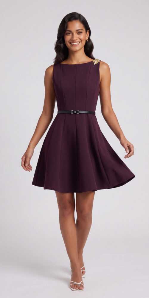 c31904bf1984b39b DEEP PLUM FIT-AND-FLARE CREPE MINI DRESS