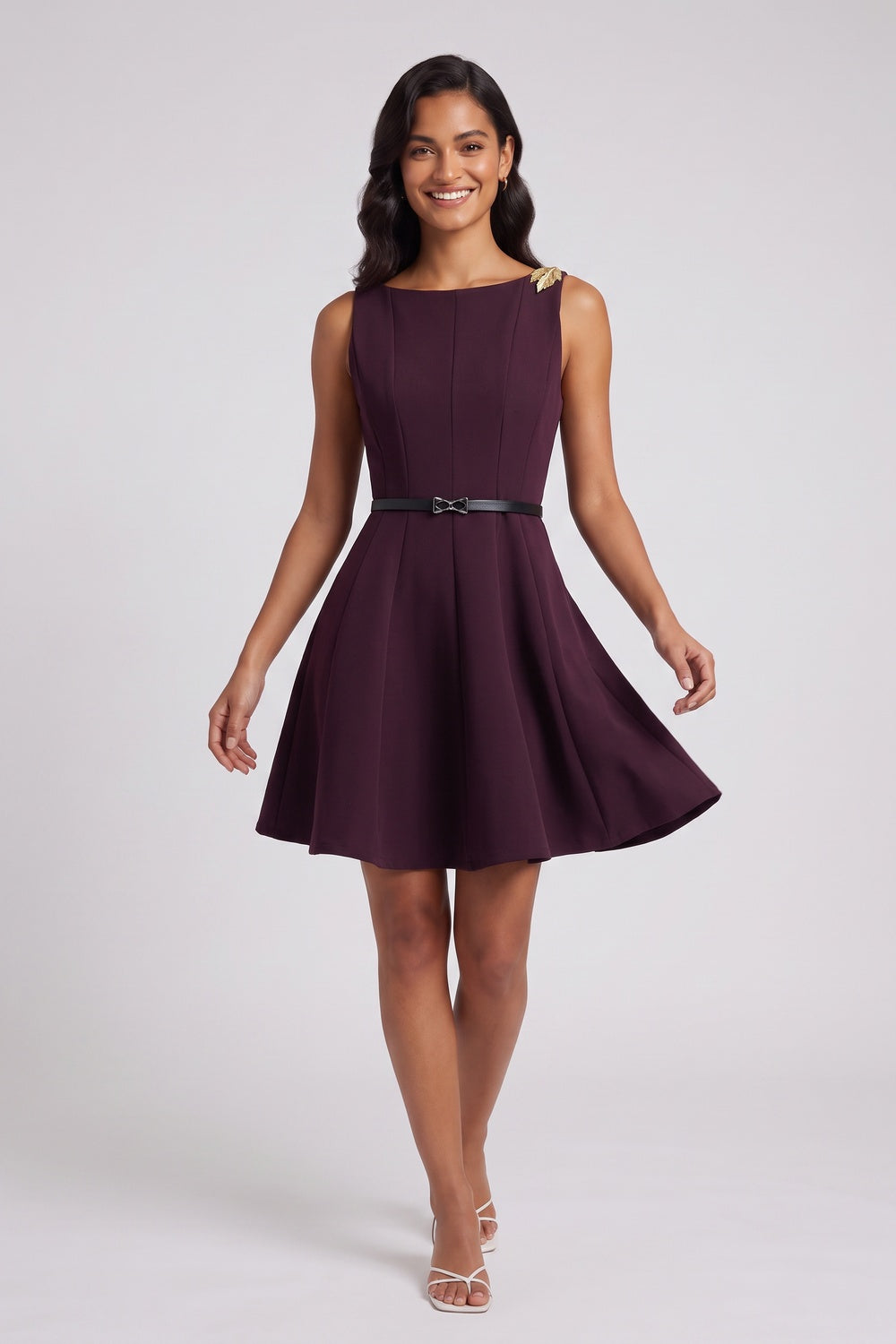 c31904bf1984b39b DEEP PLUM FIT-AND-FLARE CREPE MINI DRESS