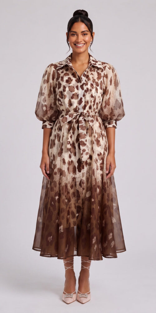 c348b8421125b3bf OMBRE LEOPARD PUFF SLEEVE MIDI SHIRT DRESS