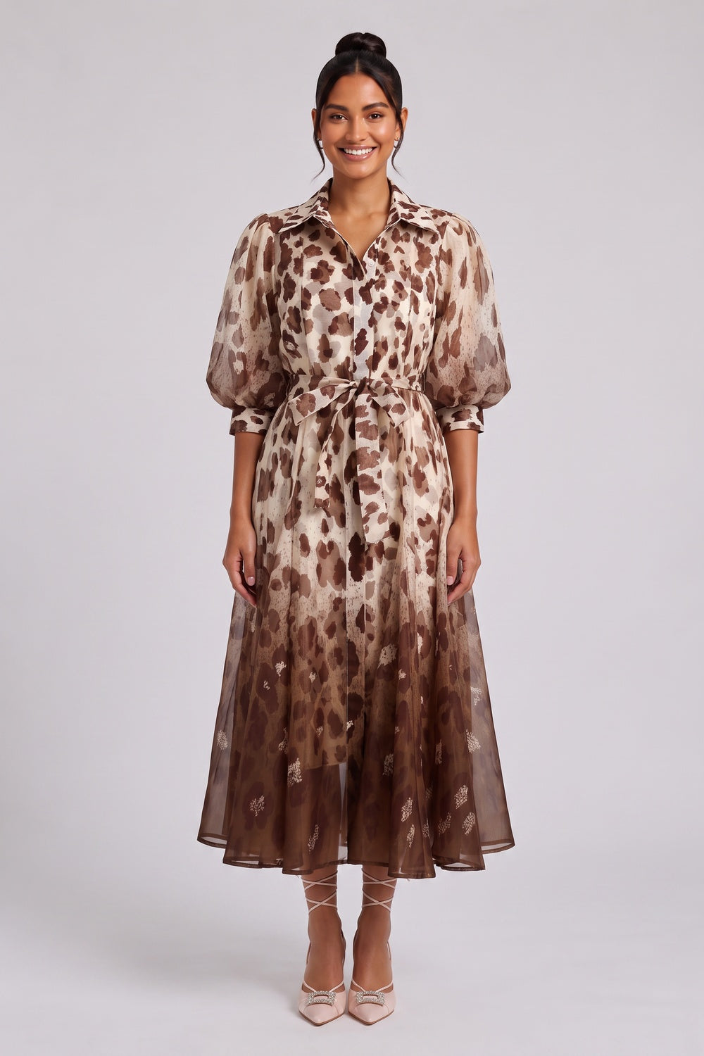 c348b8421125b3bf OMBRE LEOPARD PUFF SLEEVE MIDI SHIRT DRESS